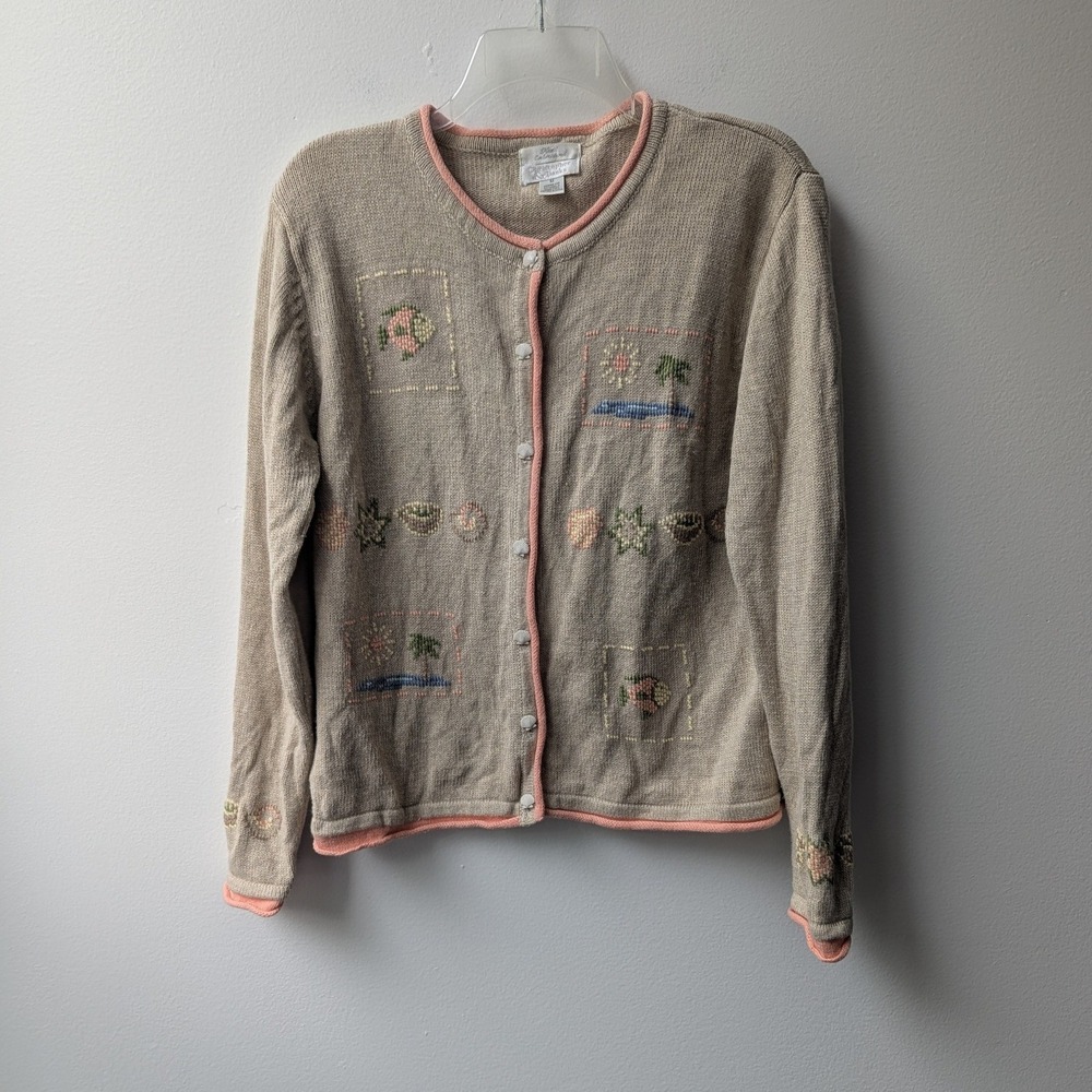 Vtg Cardigan Tan Beach Scene Embroidered Shell Button Fish Layered Look Sz M